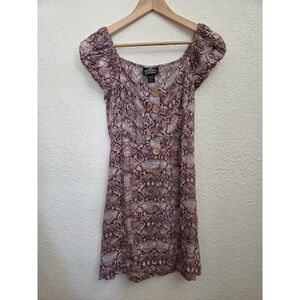 Angie Womens Mauve Snakeskin Print Button Front Mini Dress Puff Sleeve Small